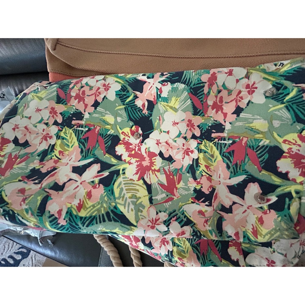 Tropical Floral Canvas Tote Bag with Rope Handles and Polka Dot Lining - Picture 2 of 5